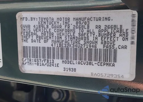 2004 Toyota Camry Le from USA, damaged, VIN 4T1BE32K34U271946